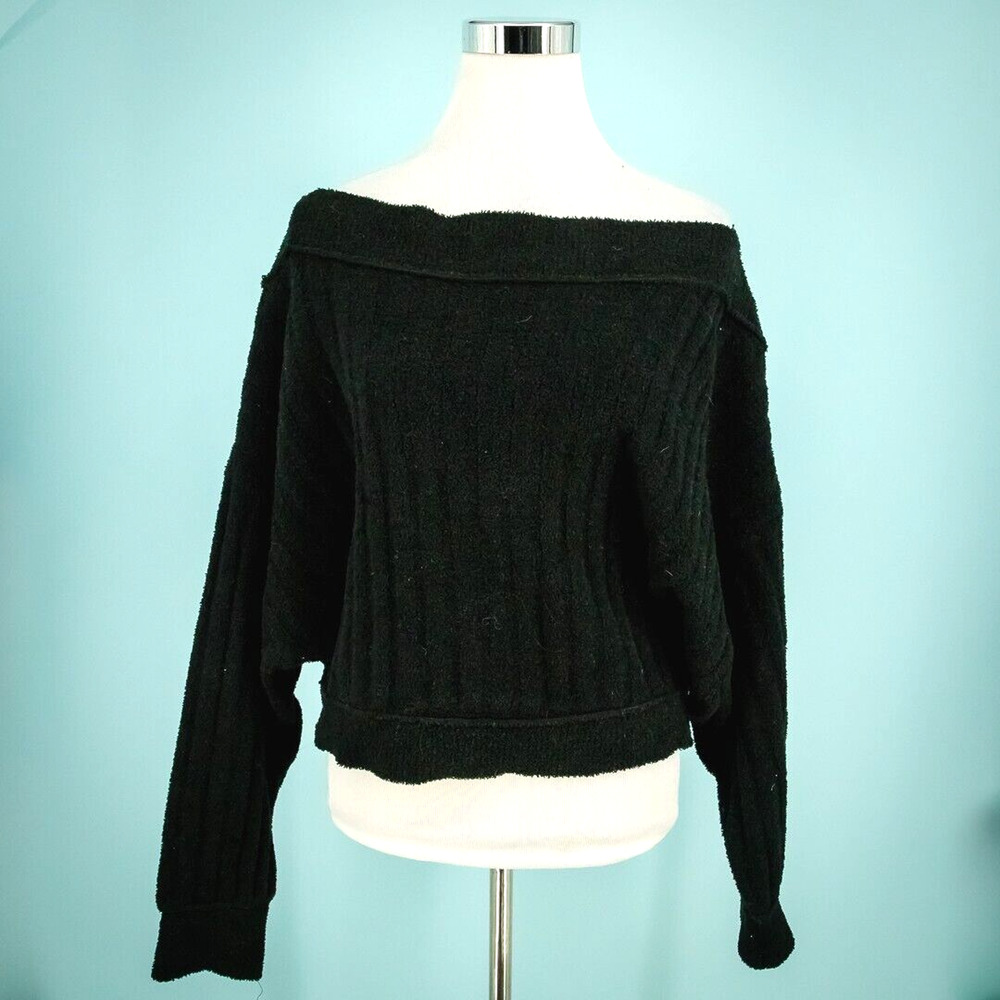 Free People Size Small S Black Cabin Fever Off Shoulder Ribbed Chenille Sweater
